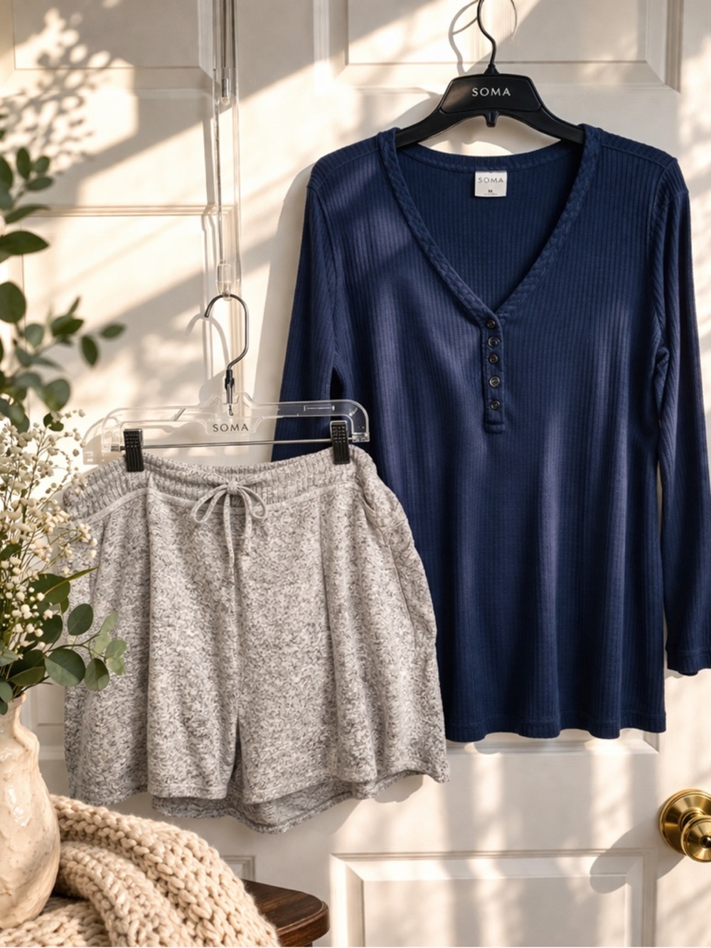 Soma Rayon Blend Lounge Set Blue Henley & Gray Shorts Soft Stretch M/L